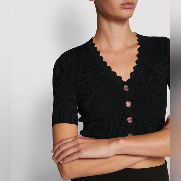 SANDRO CECIL BLACK SCALLOPED TRIM CARDIGAN - Picture 3 of 16